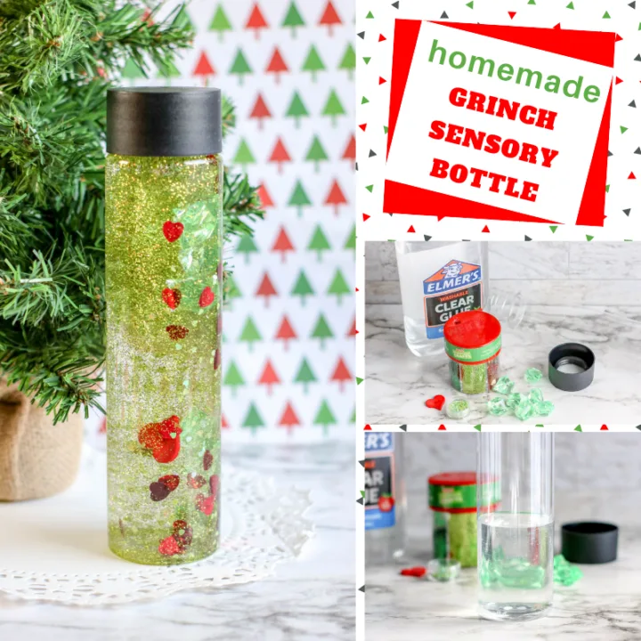 make your own Grinch sensory water bottle craft