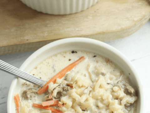 ground hamburger meat and creamy wild rice in the crockpot