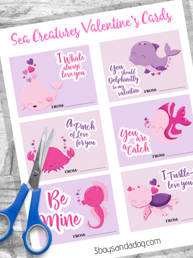 Printable Sea Creatures Valentine Cards for Kids