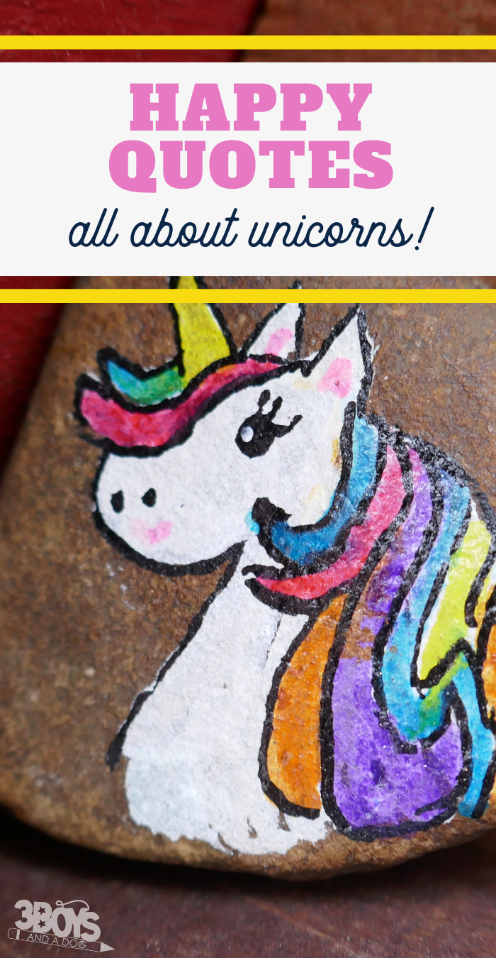 Happy quotes all about unicorns title graphic with a hand-painted unicorn rock