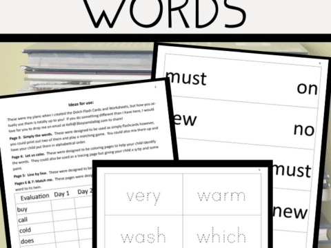 A stack of books with overlaid pages displaying Dolch sight words, featuring words like must, new, and own. Text reads Dolch Sight Words and worksheets for all 220 words—essential resources for educating our children effectively.
