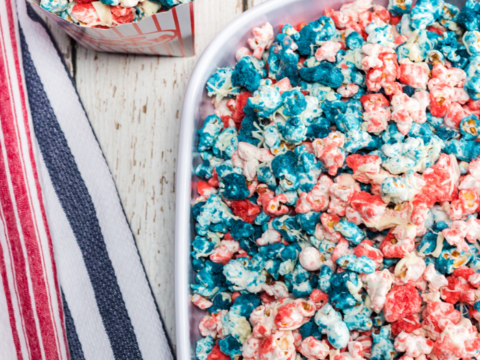 red and blue candied popcorn make a delicious and patriotic snack