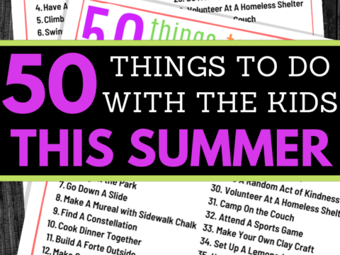 The image showcases a colorful list titled 50 Fun Things to Do with the Kids This Summer, featuring activities like building a birdhouse and visiting a library. A bold purple banner prominently displays 50 Fun Things to Do with the Kids This Summer at its center.