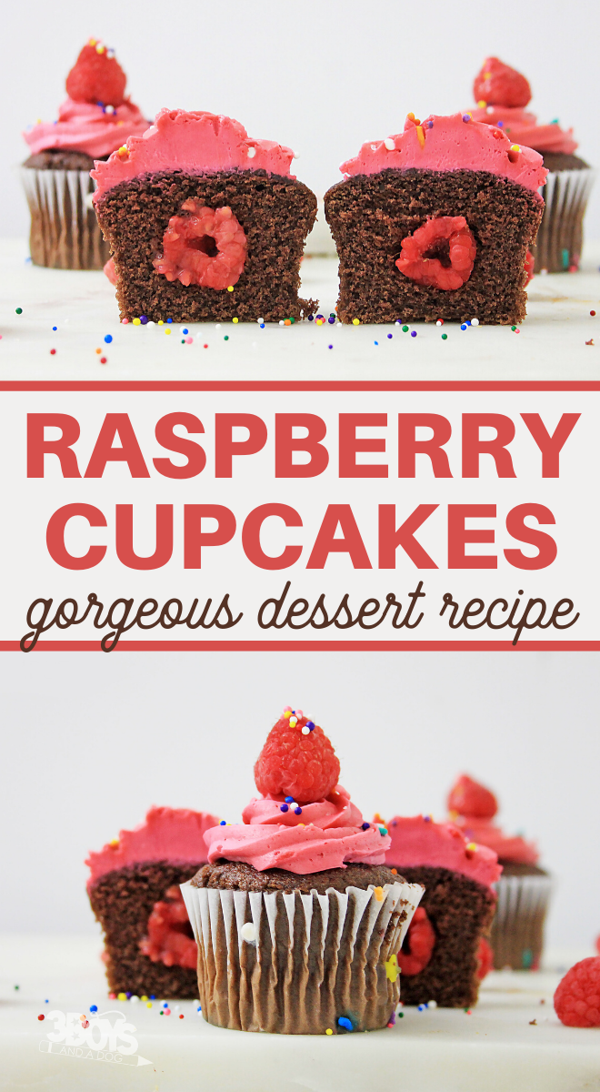 easy raspberry cupcake dessert of chocolate cake and fresh raspberries