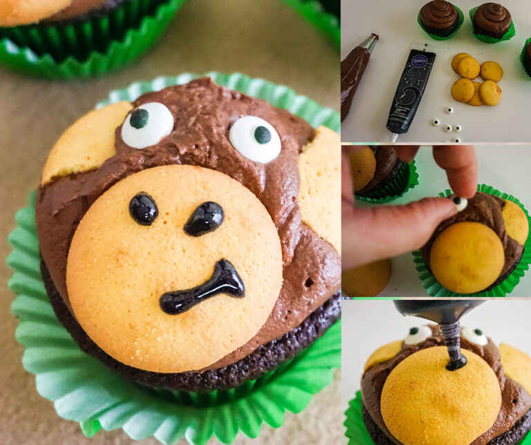 A collage illustrating a delightful monkey cupcake recipe features a cupcake with a brown icing face and cookie ears. Side images highlight the decoration process using icing tubes, cookies, and candy eyes. Vibrant green cupcake liners complete the charming scene.