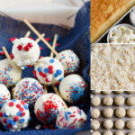 July 4th cake pops adorned with red, white, and blue sprinkles sit proudly on the left. On the right, the cake pop-making journey unfolds: a sheet cake transitions into crumbled pieces before shaping into vibrant festive balls on a tray.