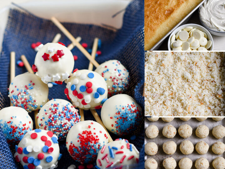 July 4th cake pops adorned with red, white, and blue sprinkles sit proudly on the left. On the right, the cake pop-making journey unfolds: a sheet cake transitions into crumbled pieces before shaping into vibrant festive balls on a tray.