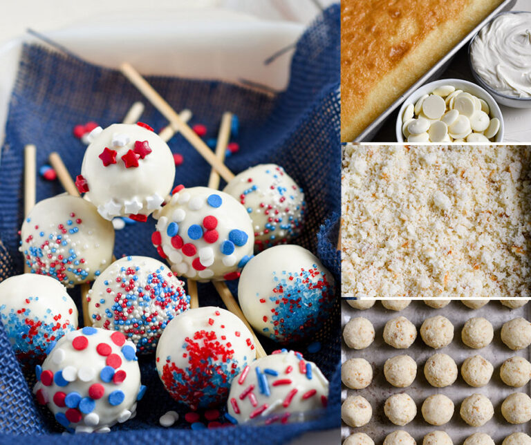 July 4th cake pops adorned with red, white, and blue sprinkles sit proudly on the left. On the right, the cake pop-making journey unfolds: a sheet cake transitions into crumbled pieces before shaping into vibrant festive balls on a tray.