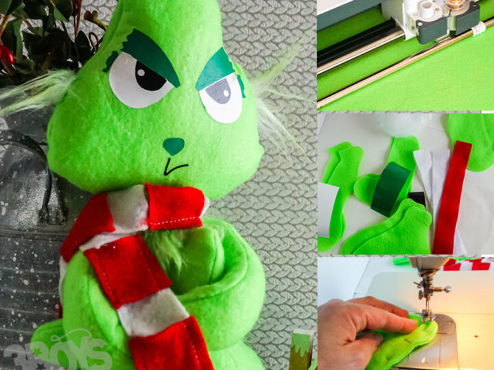 A green plush character resembling a Grinch puppet with a red and white scarf stands cross-armed. Beside it, images show green fabric being meticulously cut and sewn. In the background, a potted plant and crafting tools offer inspiration.