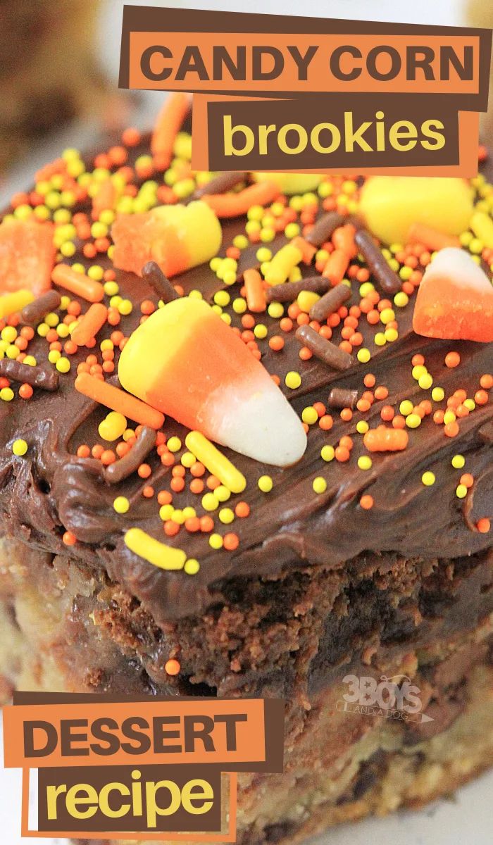 this candy corn brownie cookie bars recipe is perfect for an indulgent Autumn dessert