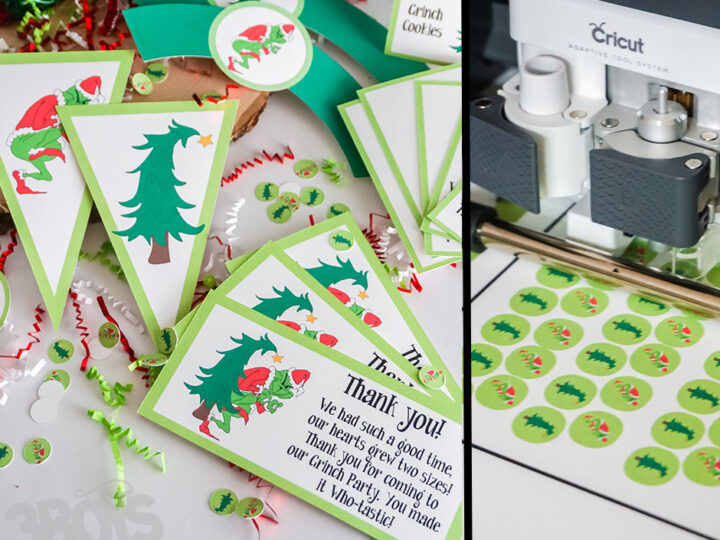 Craft setup for making Christmas-themed decorations. Left: Triangle banners with trees, thank-you cards featuring a cartoon character, and a Grinch printable party set. Right: Cricut machine cutting small circular stickers with a festive design.
