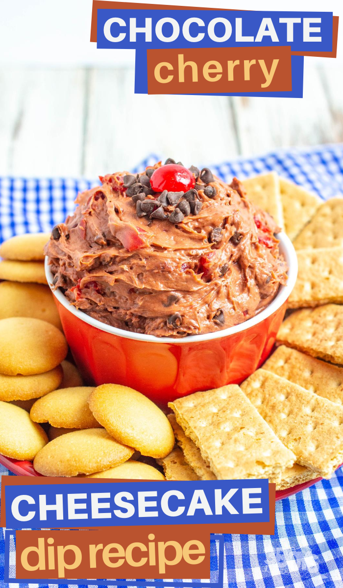 this sweet dip tastes just like a chocolate cheesecake with cherry topping