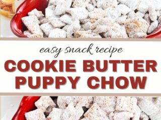 A red dish filled with powdered sugar-coated Cookie Butter Puppy Chow sits in front of jars of cookie butter. Text reads: Easy snack recipe—Cookie Butter Puppy Chow Recipe.