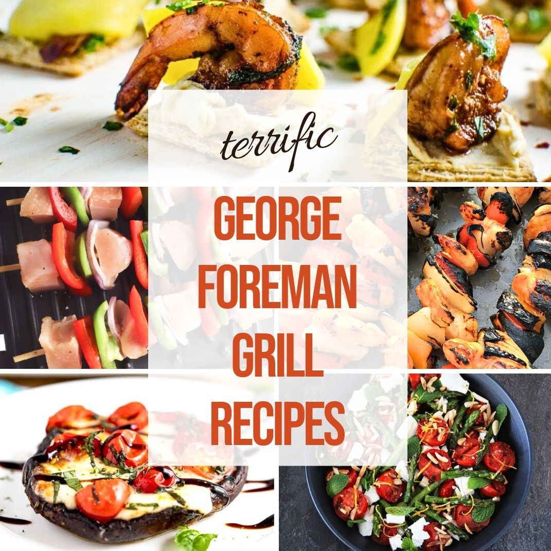 Collage of George Foreman grill recipes including shrimp kabobs, chicken kabobs, grilled portobello mushrooms and a tomato spinach salad