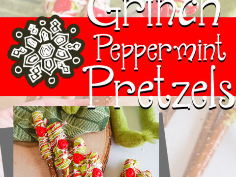 Festive image featuring pretzel rods decorated with green, red, and white icing and sprinkles, styled in a Grinch theme. Text overlay reads Grinch Peppermint Pretzels, perfect for adding to your peppermint recipe ideas. Decorative elements include a snowflake design.