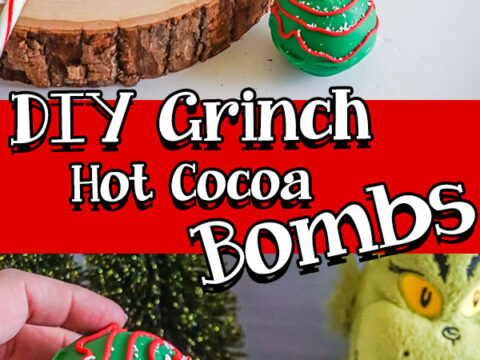 A hot chocolate bomb, crafted like a Christmas ornament with green icing and red stripes, rests on a wooden surface. Another dangles above a mug. In the backdrop, a plush green toy peeks through, accentuating the festive vibe. The text reads DIY Grinch Hot Cocoa Bombs.