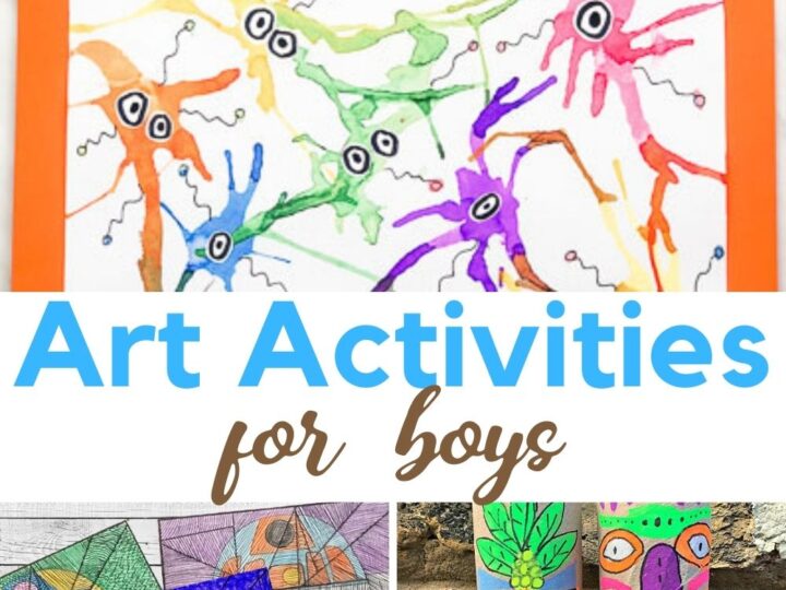 Collage of Super Fun Art Activities for boys featuring colorful abstract splat painting, illustrated robot with geometric patterns, and decorative totem pole faces. Text reads Art Activities for Boys.
