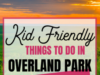 A scenic sunset view over a grassy field with a colorful sky. Overlaid text reads Kid-Friendly Things to Do in Overland Park, KS in a mix of black and red fonts.