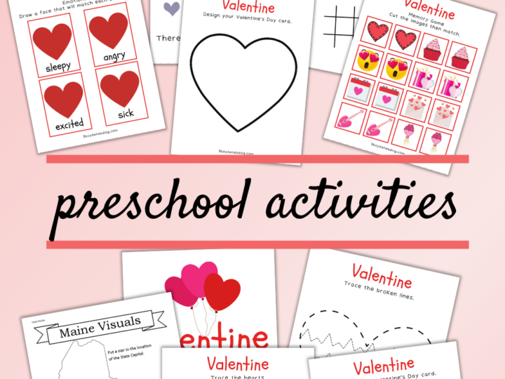 A collection of Valentines Day-themed preschool activity sheets, including coloring, matching, and emotion-identifying tasks. The heart worksheets for kids feature hearts, balloons, and cute designs. Text reads Valentines Day preschool activities.