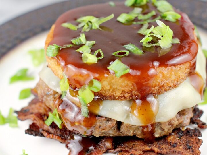Image for Low Country BBQ Burger with Bacon Weave and Smoked Gouda Grit Cake