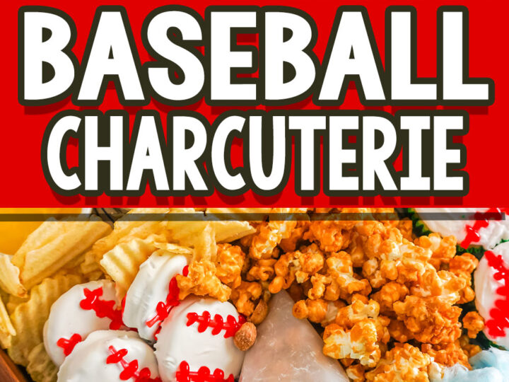 A Baseball Themed Charcuterie Board labeled Baseball Charcuterie features corn dogs, cracker boxes, baseball-themed cookies, caramel popcorn, peanuts, cotton candy, and potato chips on a striped cloth.