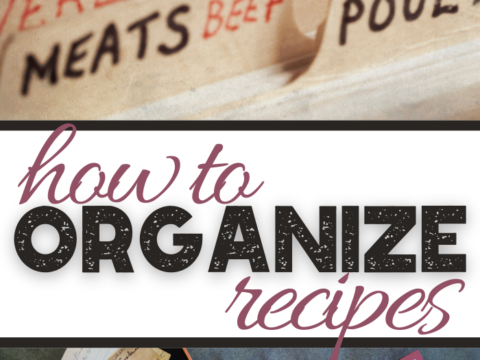 An arrangement of vintage recipe cards sits neatly in a box labeled with categories. Below, blank recipe cards and a pen await new ideas. The images text perfectly aligns: How to Organize Recipes, complemented by the logo for 3 Boys and a Dog.