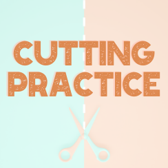 Text CUTTING PRACTICE in bold, textured letters is displayed on a background divided into two pastel colors: teal and peach. A pair of scissors is at the bottom, aligned with the dividing line.