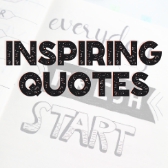A notebook page with bold text reading Inspiring Quotes overlaying the image. Faded, smaller text in the background reads everyday and START. The overall look is artistic and motivational.
