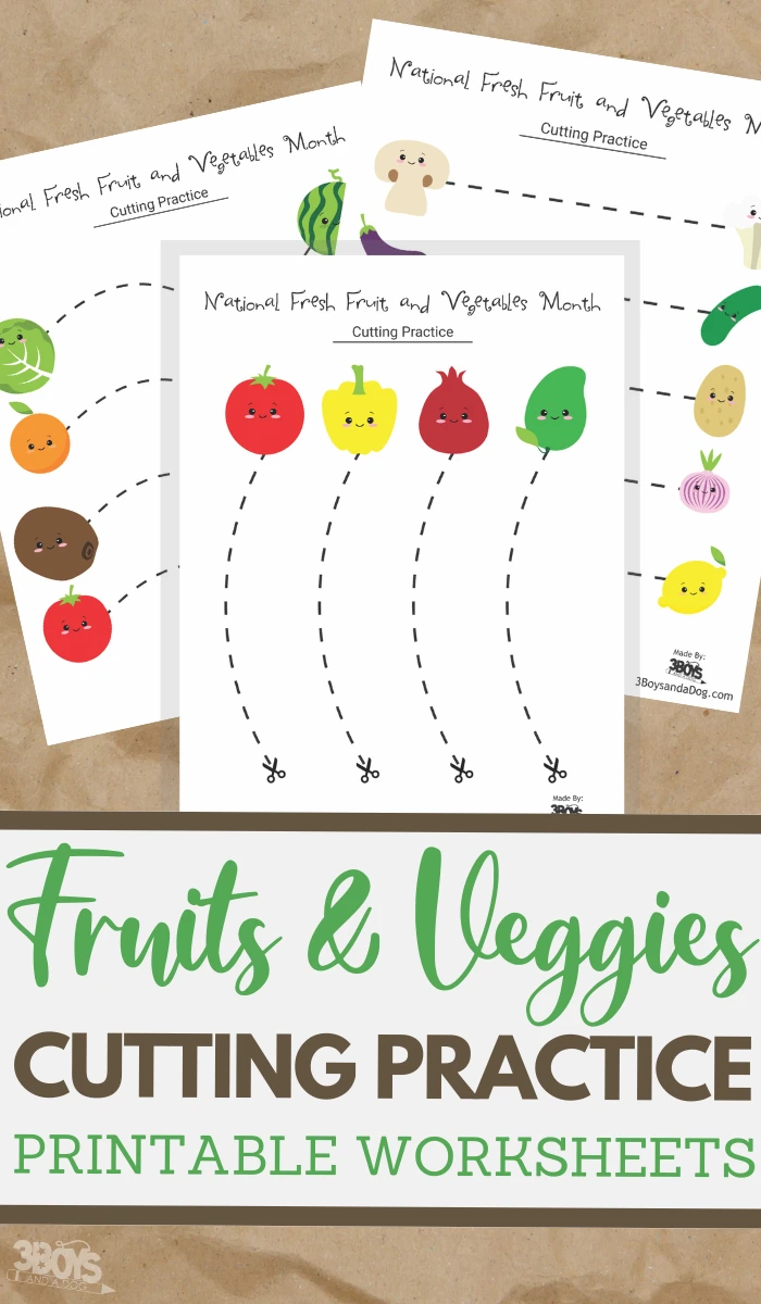 simple cutting worksheets for National Fresh Fruits and Vegetables Month