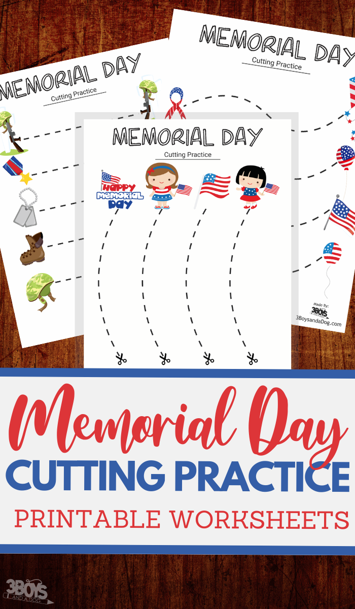 Memorial Day cutting practice worksheets for preschoolers