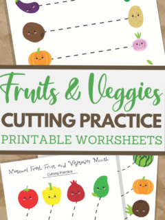 Fruits and Veggies themed scissor skills sheets for fine motor practice