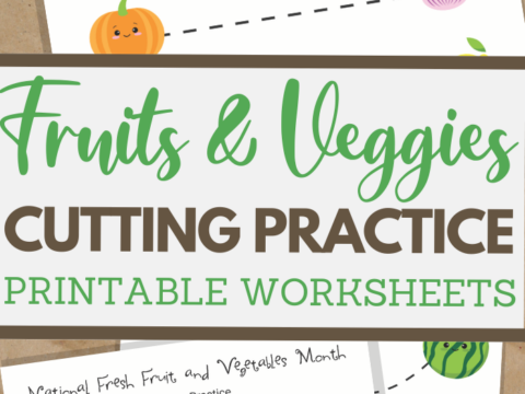 Fruits and Veggies themed scissor skills sheets for fine motor practice