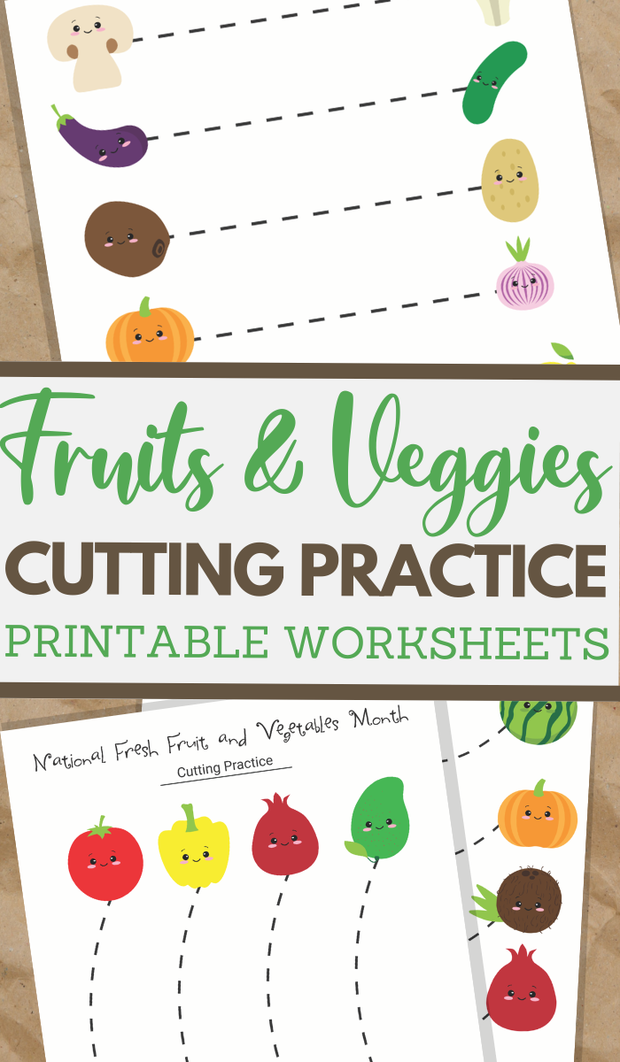 Fruits and Veggies themed scissor skills sheets for fine motor practice