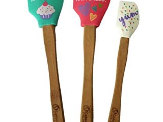 Image for Silicone Rubber Bamboo Handle Cake Kitchen Spatula Gift Box Set of 3. Heat Resistant Fun Printed Flexible Pastry Baking Spatulas. 2 Large Spatulas and 1 Mini Spatula for scraping out small jars
