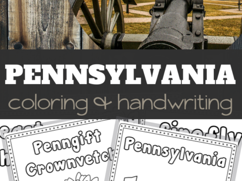 A vibrant collage showcasing Pennsylvania-themed content: a map with Harrisburg marked, a civil war cannon at Gettysburg, and engaging Pennsylvania Handwriting and Coloring Worksheets featuring the word PENNSYLVANIA and images to color, including a crownvetch flower.