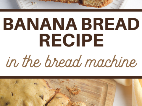 Slices of chocolate chip banana bread rest on a white plate and wooden board. Text reads: CHOCOLATE CHIP BANANA BREAD RECIPE in the bread machine. A whole loaf alongside sliced pieces makes for a tempting display.