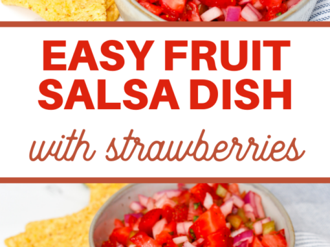 A bowl of strawberry salsa with juicy strawberries, tomatoes, red onion, and lime is surrounded by crisp tortilla chips. A hand dips a chip into the tangy mix. Text reads Easy Strawberry Salsa Recipe.