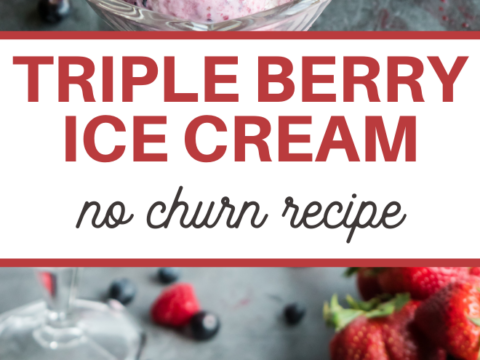 A bowl and a cone of No-Churn Triple Berry Ice Cream are surrounded by scattered blueberries and strawberries. Text reads: TRIPLE BERRY ICE CREAM no churn recipe with a logo for 3 Boys and a Dog.