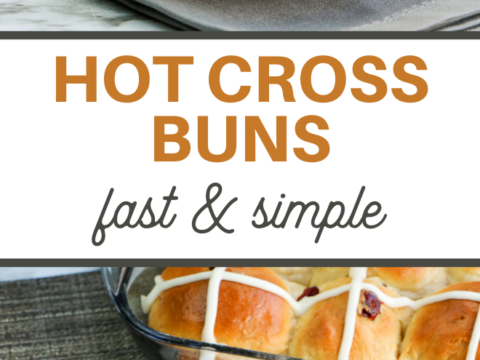Hot cross buns, featuring a close-up of a bun on a white plate with icing cross. Above text reads HOT CROSS BUNS fast & simple. A baking dish with more buns is visible in the background. Try our Bread Machine Recipe for delightful cranberry-studded treats!.