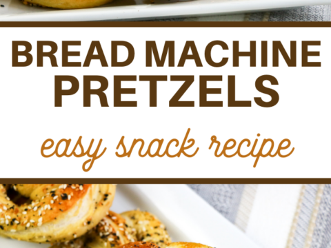 A serving tray with homemade Bread Machine Everything Pretzels topped with seeds sits on a table. Behind it, a glass holds breadsticks beside a stack of napkins. Text on the image reads: Bread Machine Everything Pretzels, Easy Snack Recipe.