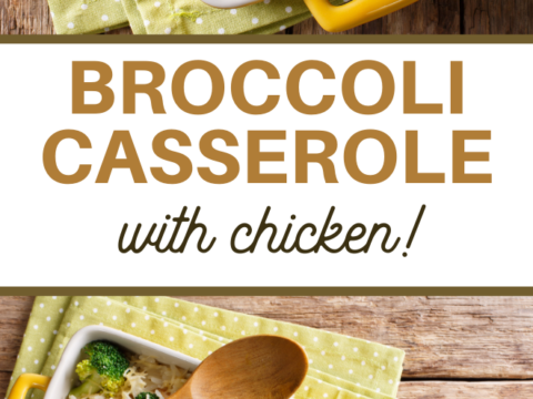 Top image: Chicken and Broccoli Casserole with rice in a dish on a rustic wooden surface. Bottom image: Yellow dish with the casserole, wooden spoon, and green polka dot napkin. Text in the center reads BROCCOLI CASSEROLE with chicken!.