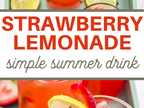 A tray with glasses and a pitcher of strawberry thyme lemonade, garnished with lemon slices, strawberries, and herbs. The text reads Strawberry Thyme Lemonade: Simple Summer Drink.