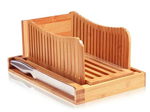 Image for Bambüsi Bread Slicer Cutting Guide with Knife - 3 Thickness Size, Bamboo Foldable Compact Chopping Cutting Board with Crumb Tray, Stainless Steel Bread Knife - Great for Homemade Bread, Cakes, Bagels
