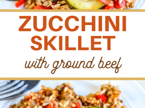 A savory skillet dish featuring tender zucchini, seasoned ground beef, vibrant red peppers, and fluffy rice. The text overlays as Zucchini Ground Beef Skillet, with the mouthwatering meal displayed twice in the image, framing the words beautifully.