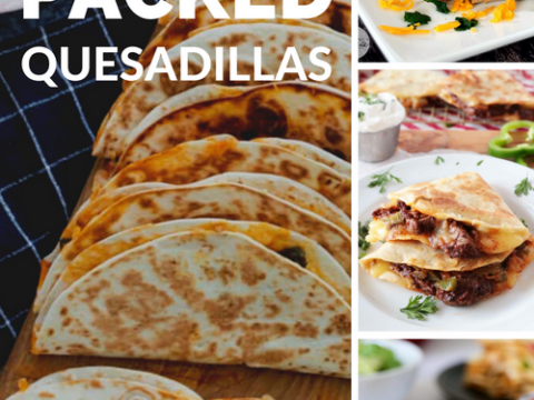 A collage of simple, protein-packed quesadillas on a wooden board. On the right, smaller images show different angles of these fast tortilla roll-ups, filled with vegetables and meat, neatly stacked and garnished. The text reads Protein Packed Quesadillas.