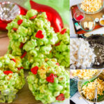 Five green popcorn balls with red heart sprinkles are displayed on the left. On the right, four step-by-step images show the Grinch Popcorn Balls Recipe, from ingredients and melting marshmallows to mixing and shaping the popcorn mixture.