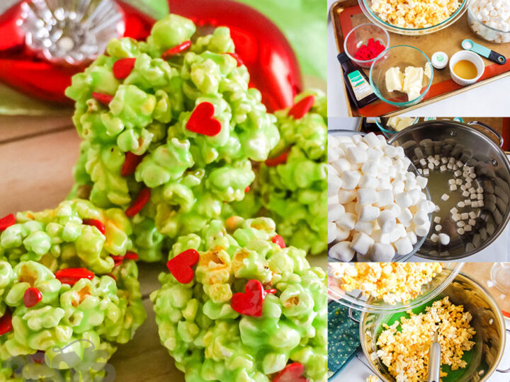 Five green popcorn balls with red heart sprinkles are displayed on the left. On the right, four step-by-step images show the Grinch Popcorn Balls Recipe, from ingredients and melting marshmallows to mixing and shaping the popcorn mixture.
