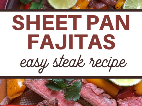 Close-up of sheet pan beef fajitas featuring sliced steak, vibrant red and yellow bell peppers, and lime wedges on a baking tray. Text overlay reads Sheet Pan Fajitas: Easy Steak Recipe.