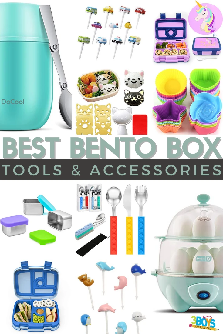 collage image of all the bento box accessories mentioned in this blog post