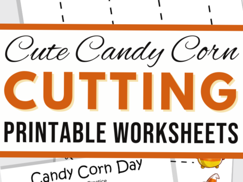 Illustration of candy corn-themed cutting practice sheets featuring dotted lines to cut along. The design includes images of candy corn, candies, and Halloween items. The text reads: Cute Candy Corn Cutting Printable Worksheets.